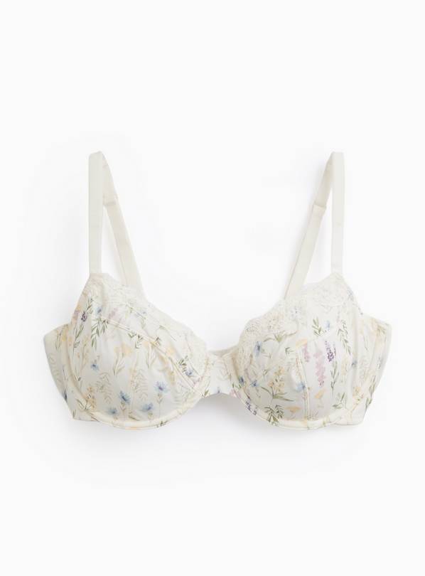 White Floral Print Plunge Bra 34F